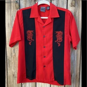 Authentic Shaolin Boy's Shirt Red Black Dragon Size m 18 Button Front Short Slv